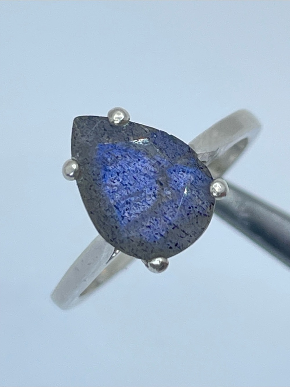 925 Sterling Silver Labradorite Tear Drop Ring Blue Flash Solitaire Sz 4.5